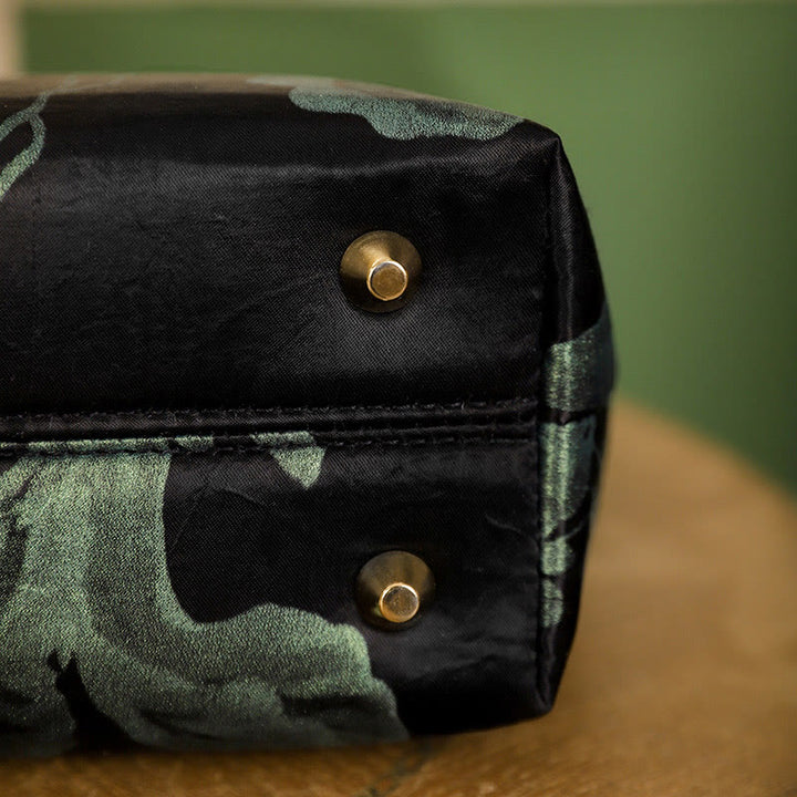 Buddha Stones Black Green Orchids Print Vintage Handbag - image 5