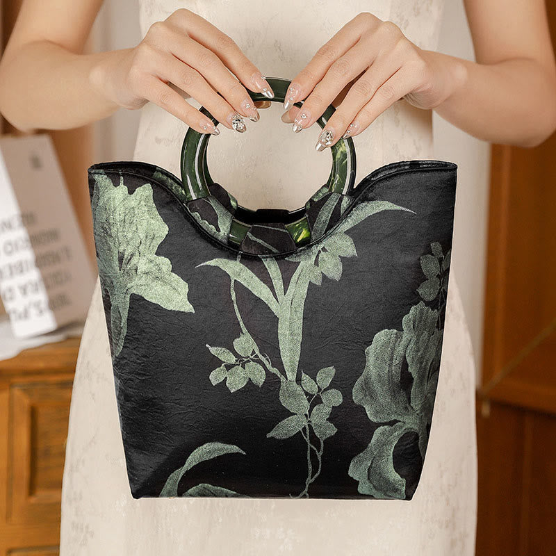 Buddha Stones Black Green Orchids Print Vintage Handbag - image 2