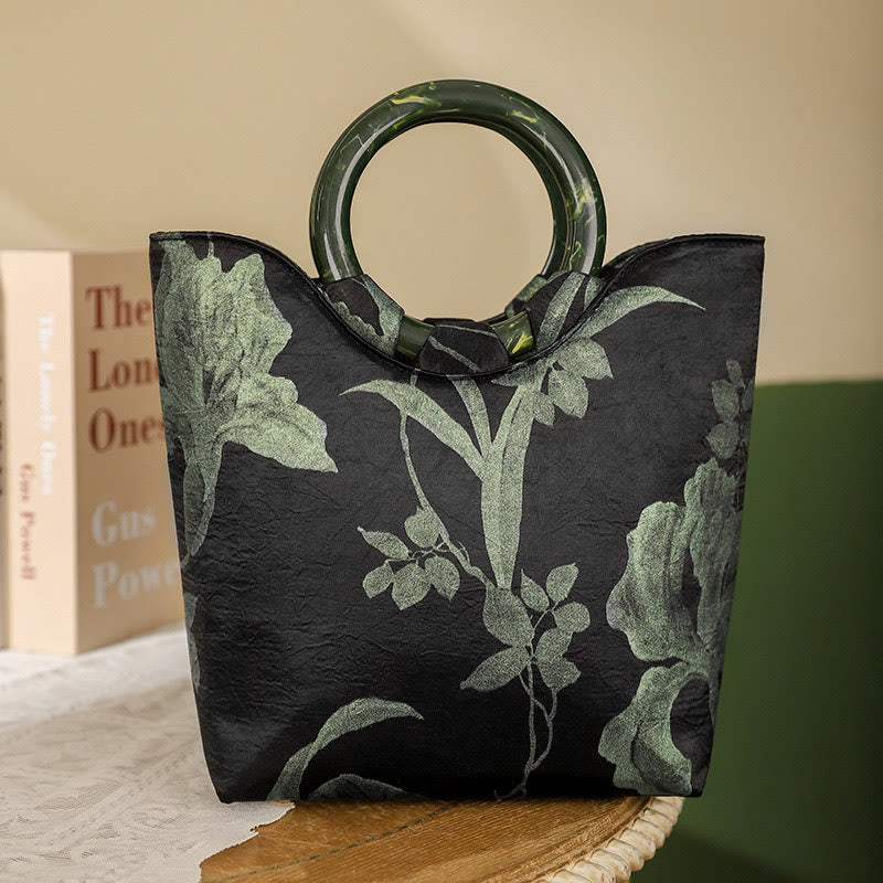 Buddha Stones Black Green Orchids Print Vintage Handbag - Green Orchids 20*8.5*23cm - image 0
