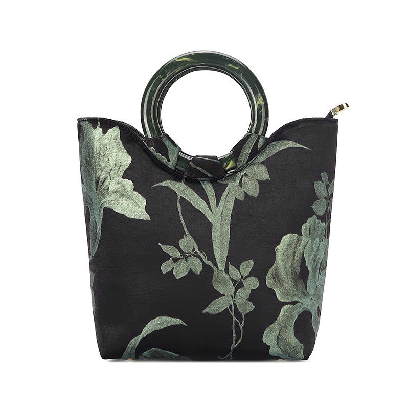 Buddha Stones Black Green Orchids Print Vintage Handbag - image 3