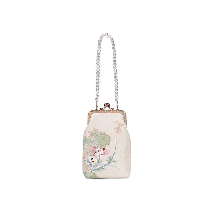 Buddha Stones Mountain Stone Orchid Pattern Pearl Chain Crossbody Bag Handbag