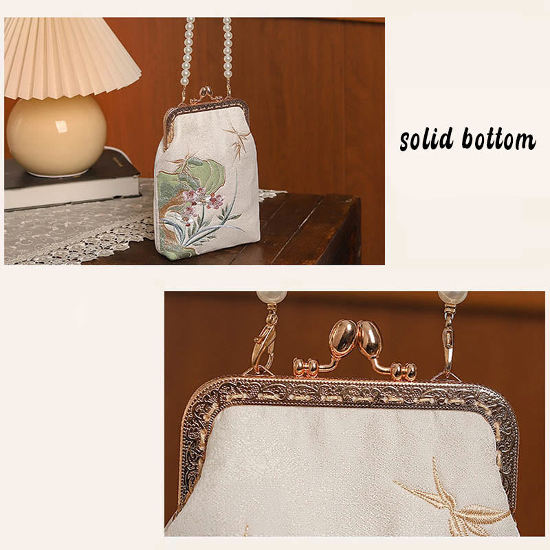 Buddha Stones Mountain Stone Orchid Pattern Pearl Chain Crossbody Bag Handbag