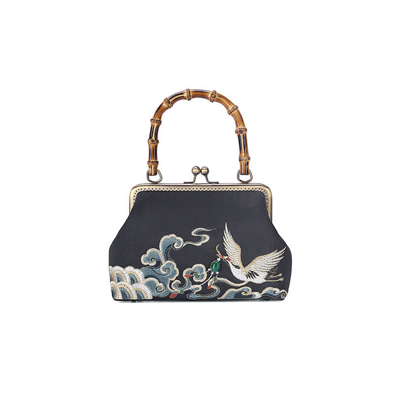 Buddha Stones Auspicious Clouds Cranes Embroidery Bamboo Handle Handbag Crossbody Bag