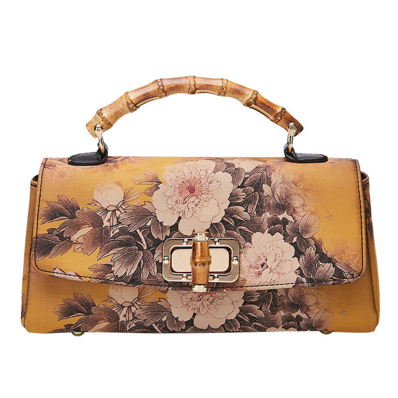 Buddha Stones Flower Pattern Bamboo Handle Metal Chain Crossbody Bag Handbags