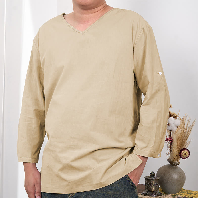 Buddha Stones Solid Color Three Quarter Sleeve Men's T-shirt - Moccasin - US/UK/AU48，EU58 (4XL) - image 5