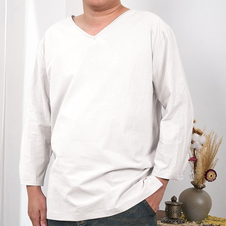 Buddha Stones Solid Color Three Quarter Sleeve Men's T-shirt - Linen - US/UK/AU48，EU58 (4XL) - image 10
