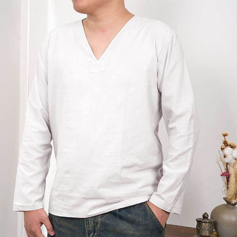Buddha Stones Solid Color V-Neck Long Sleeve Cotton Linen Men's T-shirt - White - US/UK/AU46，EU56 (3XL) - image 1
