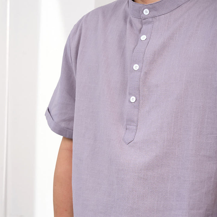 Buddha Stones Men's Plain Color Short Sleeve Half Button Cotton Linen Shirt - image 8