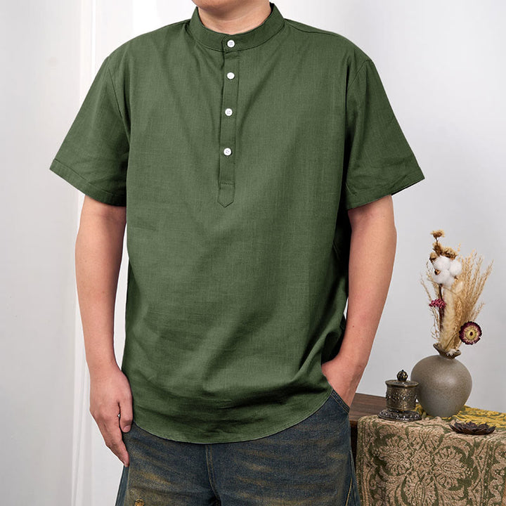 Buddha Stones Men's Plain Color Short Sleeve Half Button Cotton Linen Shirt - OliveDrab - US/UK/AU44，EU54 (3XL) - image 10