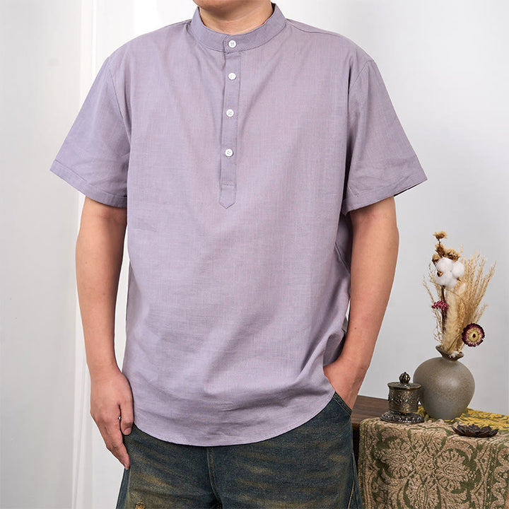 Buddha Stones Men's Plain Color Short Sleeve Half Button Cotton Linen Shirt