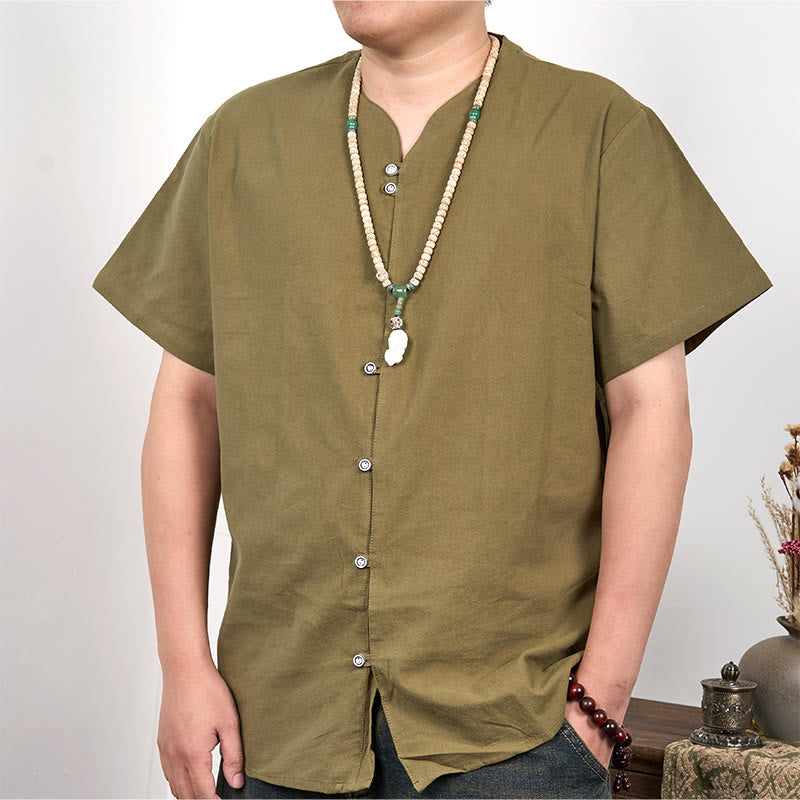 Buddha Stones Men's Short Sleeve Button Down Cotton Linen Shirt