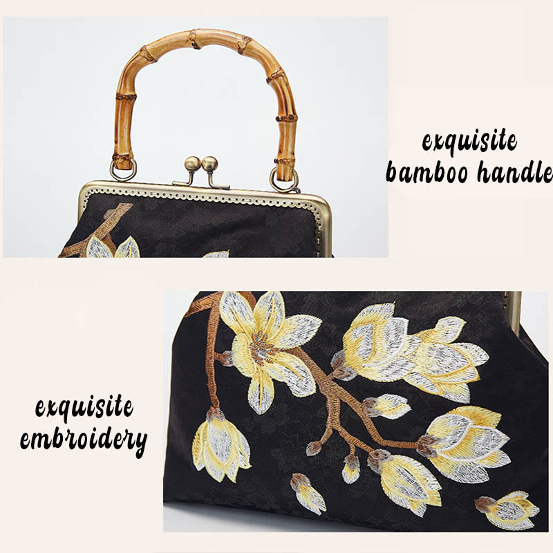 Buddha Stones Plum Blossom Embroidery Bamboo Handle Handbag Crossbody Bag