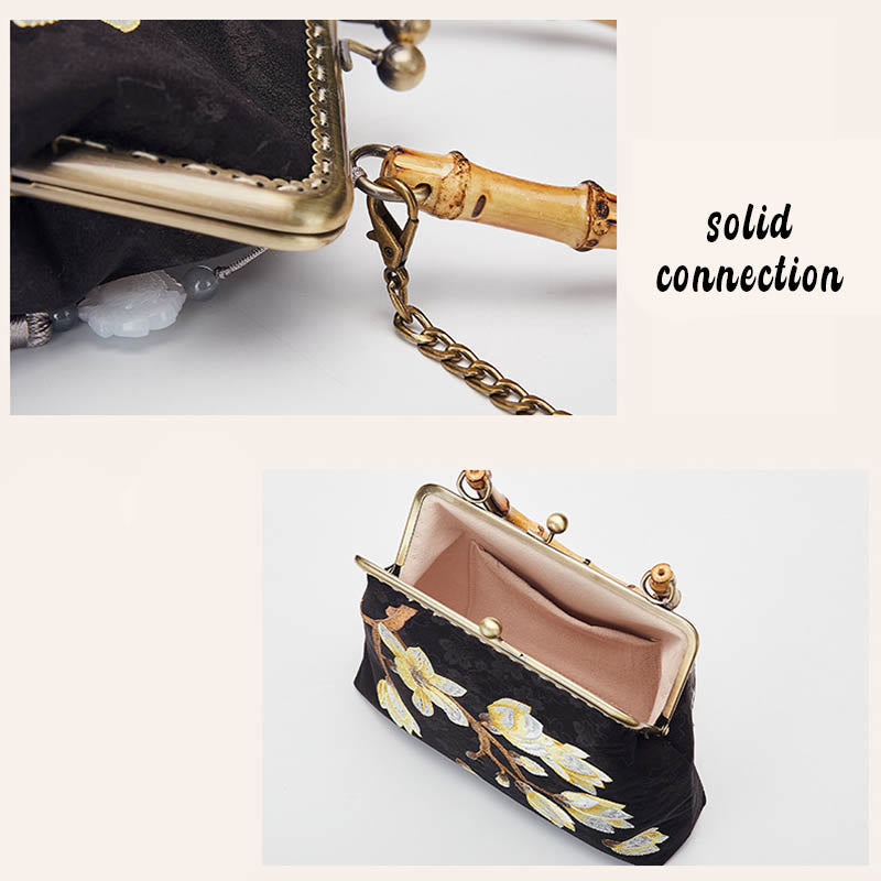 Buddha Stones Plum Blossom Embroidery Bamboo Handle Handbag Crossbody Bag