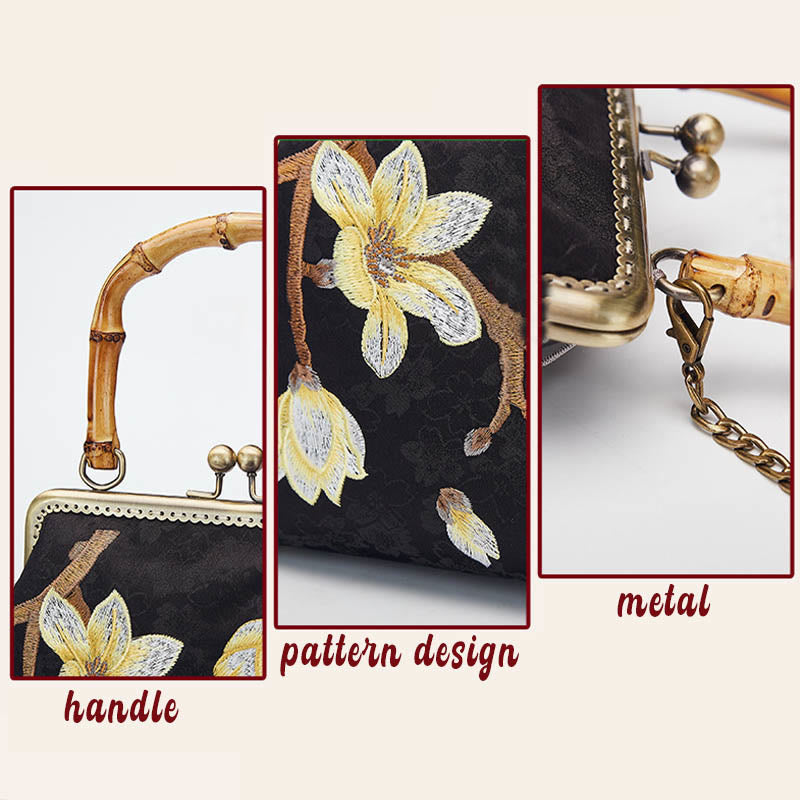 Buddha Stones Plum Blossom Embroidery Bamboo Handle Handbag Crossbody Bag