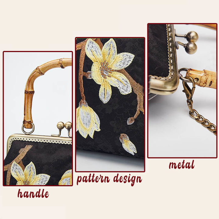 Buddha Stones Plum Blossom Embroidery Bamboo Handle Handbag Crossbody Bag