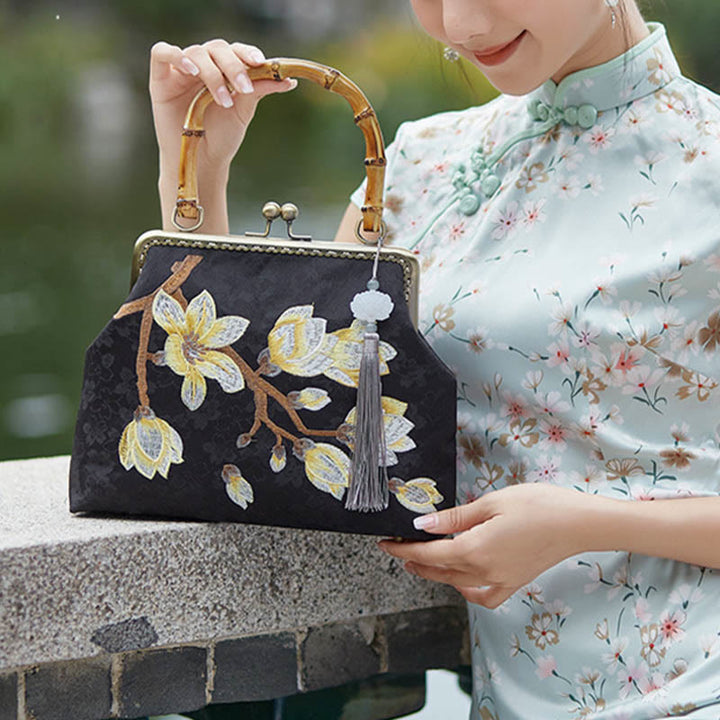 Buddha Stones Plum Blossom Embroidery Bamboo Handle Handbag Crossbody Bag