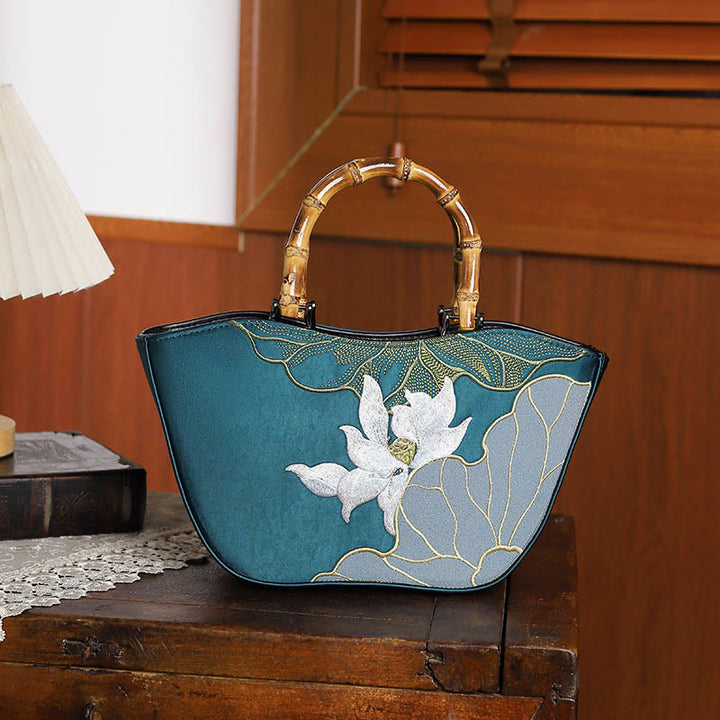 Buddha Stones Lotus Embroidery Bamboo Handle Handbag