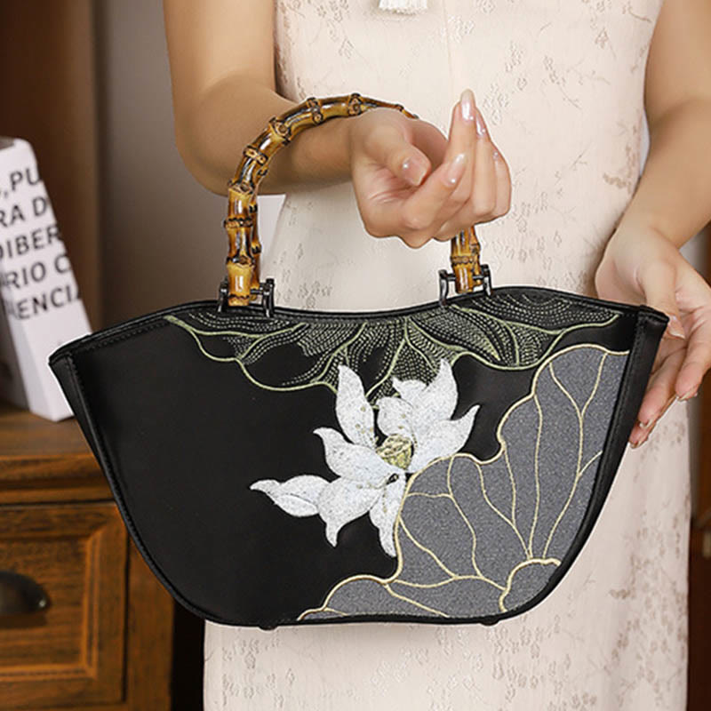 Buddha Stones Lotus Embroidery Bamboo Handle Handbag