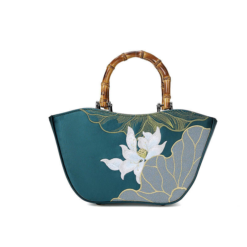 Buddha Stones Lotus Embroidery Bamboo Handle Handbag