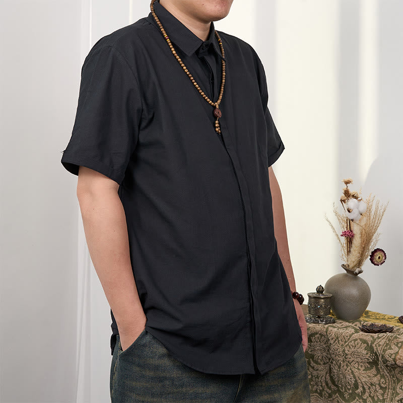 Buddha Stones Men's Short Sleeve Button Casual Cotton Linen Shirt - image 3