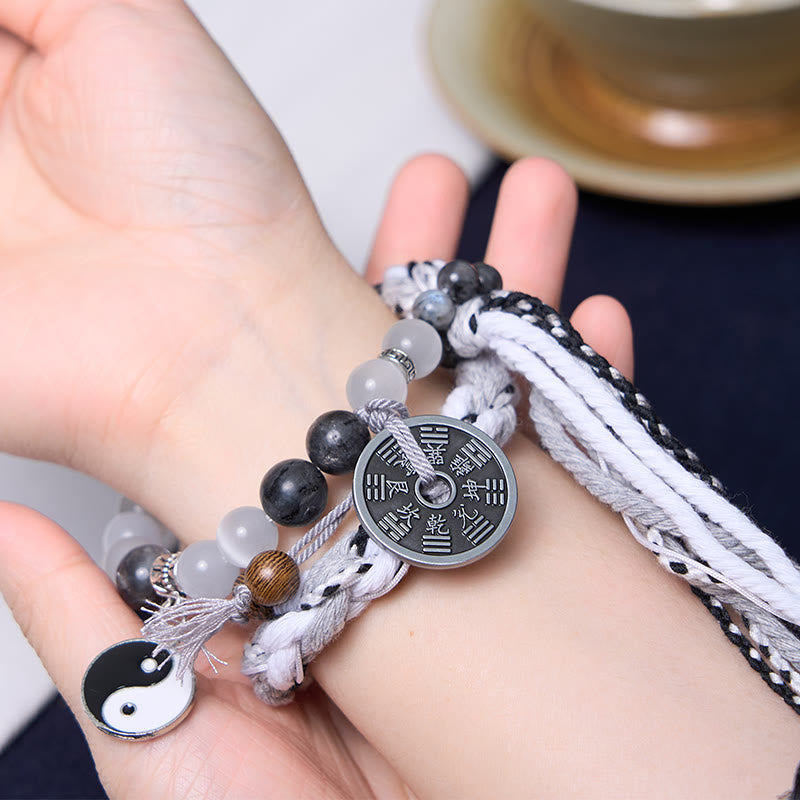 Buddha Stones Black Glitter Stone Cat's Eye Yin Yang Mountain Ghosts Spend Money Power Double Layer Rope Bracelet