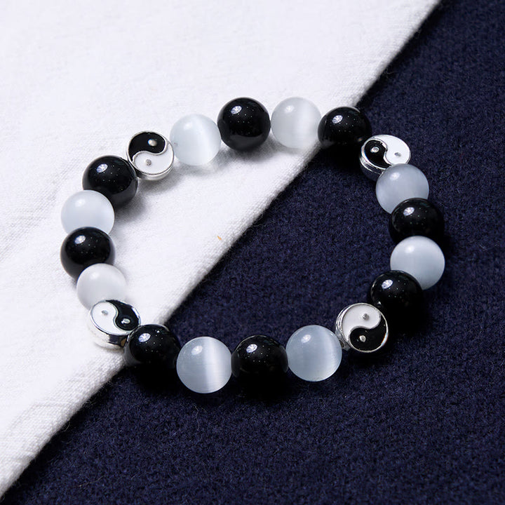 Buddha Stones Black Obsidian Cat's Eye Yin Yang Purification Strength Bracelet