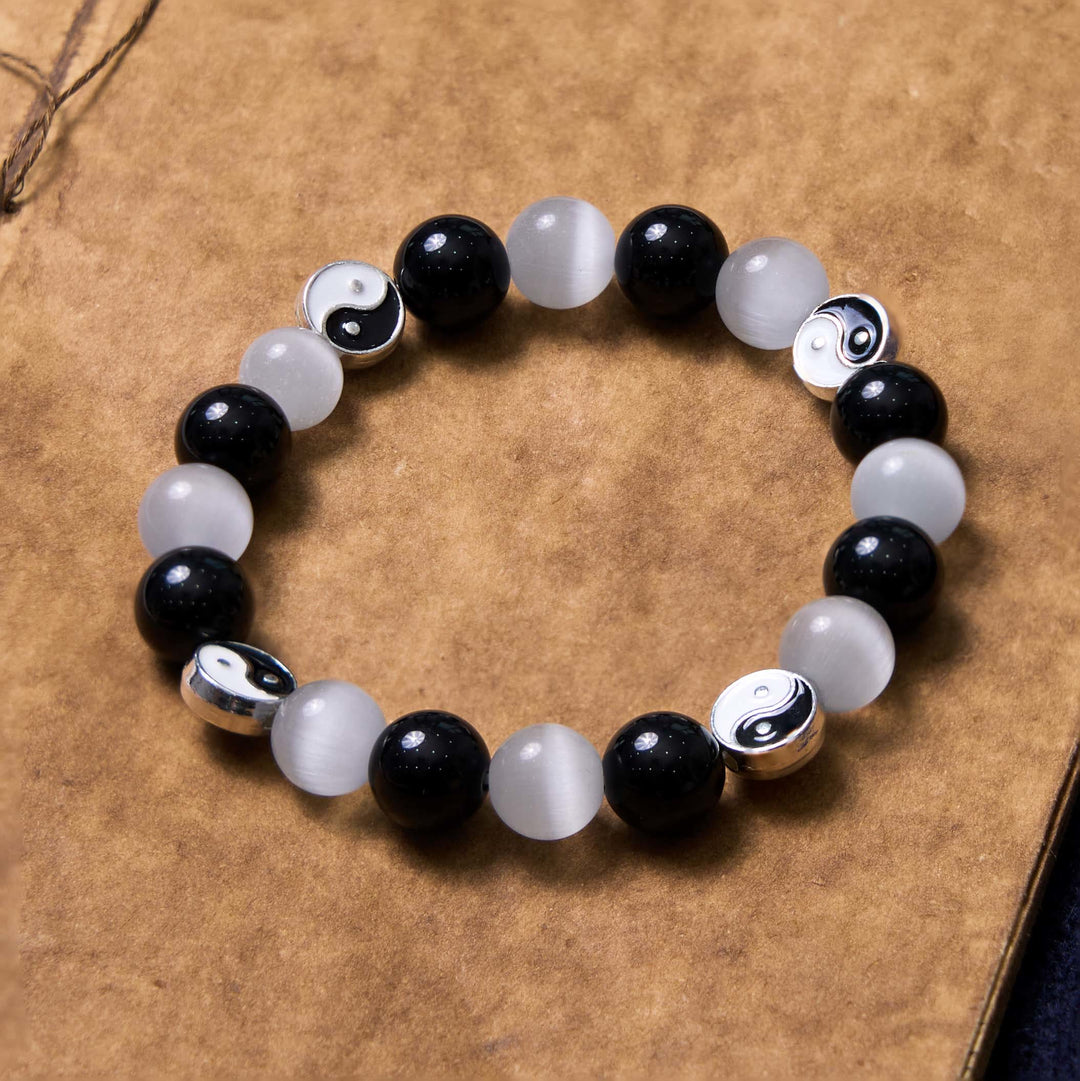 Buddha Stones Black Obsidian Cat's Eye Yin Yang Purification Strength Bracelet