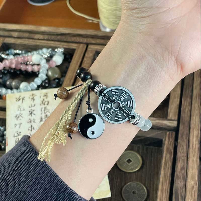 Buddha Stones Cat's Eye Ebony Wood Yin Yang Bagua Coin Support Rope Bracelet