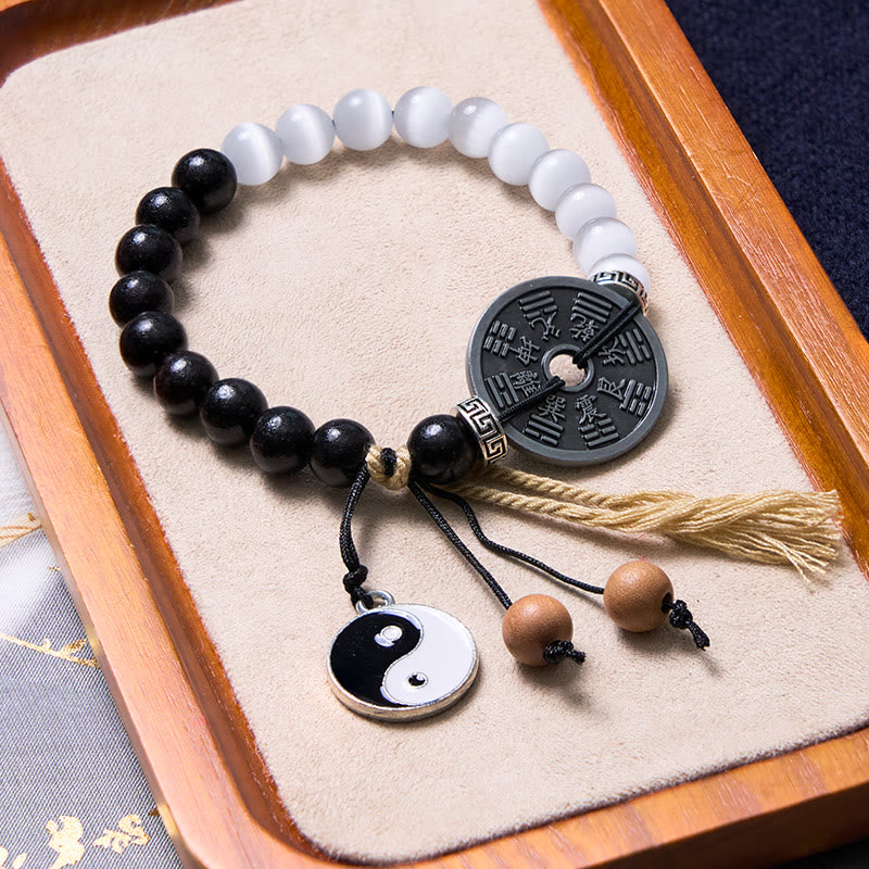 Buddha Stones Cat's Eye Ebony Wood Yin Yang Bagua Coin Support Rope Bracelet