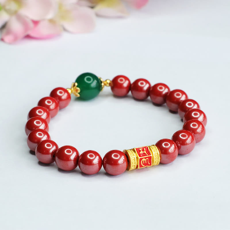 Buddha Stones Natural Cinnabar Green Agate Om Mani Padme Hum Pattern Blessing Bracelet