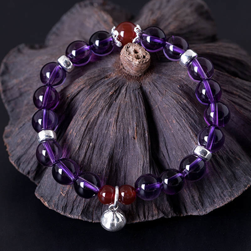 Buddha Stones 925 Sterling Silver Natural Amethyst Red Agate Lotus Positive Bracelet