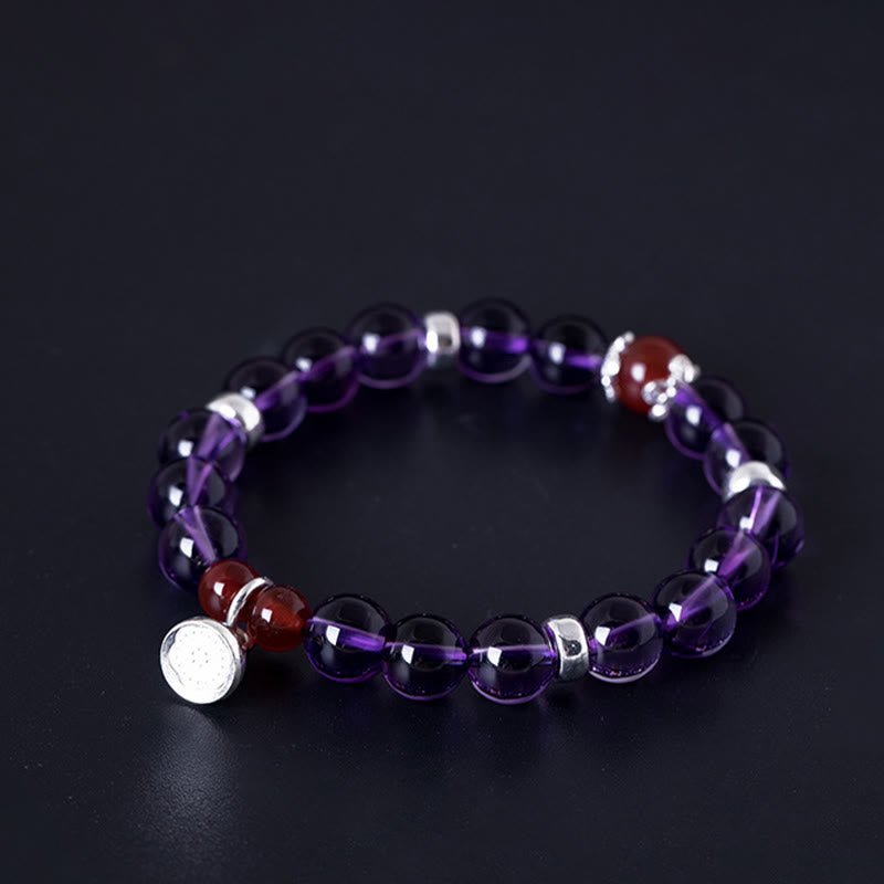 Buddha Stones 925 Sterling Silver Natural Amethyst Red Agate Lotus Positive Bracelet