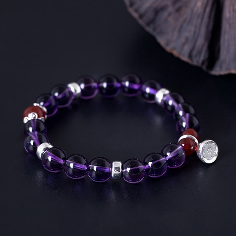 Buddha Stones 925 Sterling Silver Natural Amethyst Red Agate Lotus Positive Bracelet