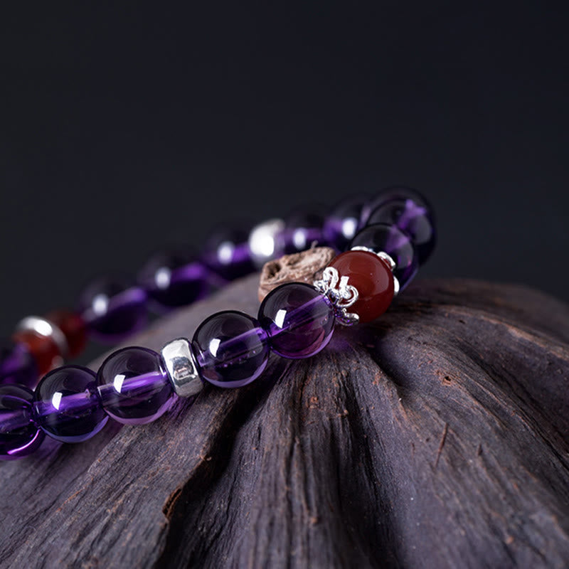 Buddha Stones 925 Sterling Silver Natural Amethyst Red Agate Lotus Positive Bracelet