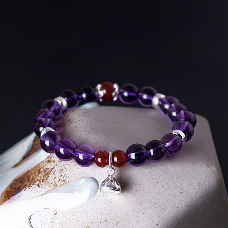 Buddha Stones 925 Sterling Silver Natural Amethyst Red Agate Lotus Positive Bracelet