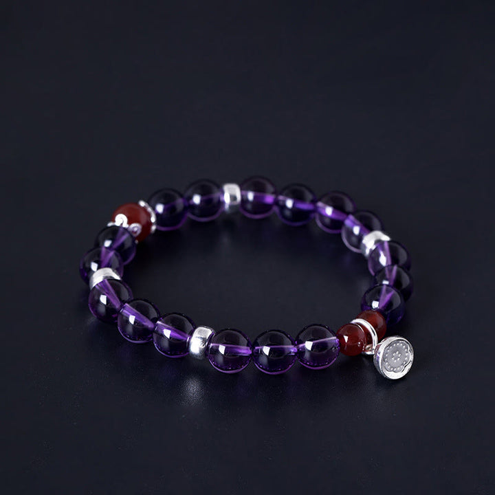 Buddha Stones 925 Sterling Silver Natural Amethyst Red Agate Lotus Positive Bracelet