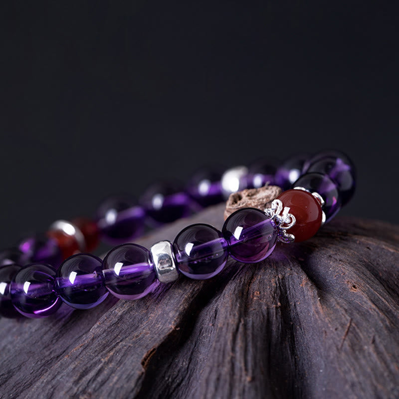 Buddha Stones 925 Sterling Silver Natural Amethyst Red Agate Lotus Positive Bracelet