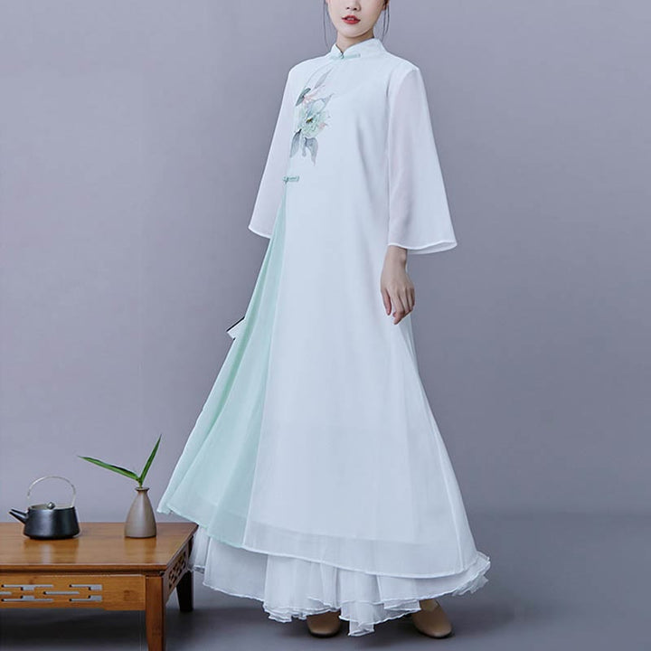 Buddha Stones 2Pcs Flower Three Quarter Sleeve Midi Dress Skirt Chiffon Zen Clothing Women's Set