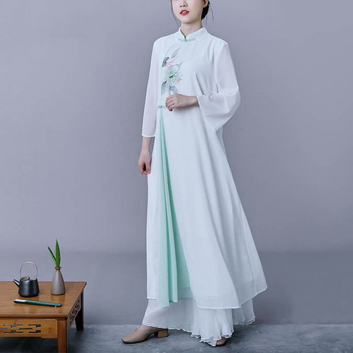 Buddha Stones 2Pcs Flower Three Quarter Sleeve Midi Dress Skirt Chiffon Zen Clothing Women's Set - image 4
