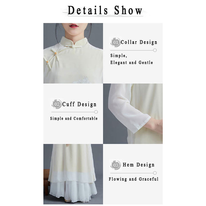 Buddha Stones 2Pcs Peony Flower Cheongsam Midi Dress Skirt Chiffon Zen Clothing Women's Set - image 4