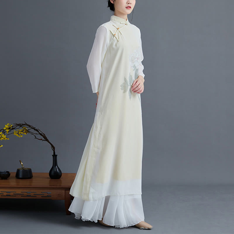 Buddha Stones 2Pcs Peony Flower Cheongsam Midi Dress Skirt Chiffon Zen Clothing Women's Set - image 3
