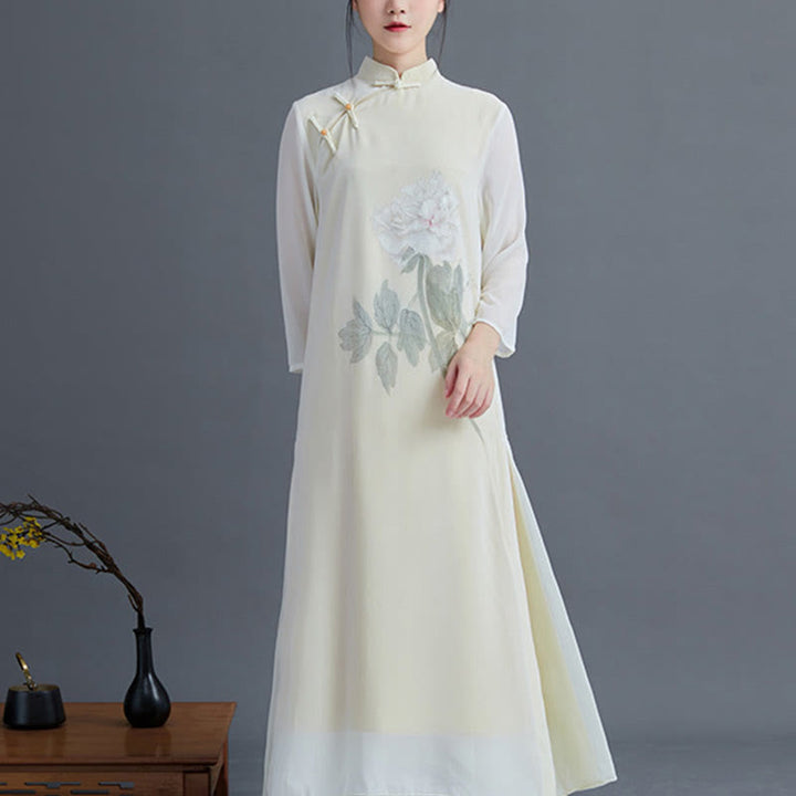 Buddha Stones 2Pcs Peony Flower Cheongsam Midi Dress Skirt Chiffon Zen Clothing Women's Set - Dress(Dress Only) - 2XL(Fit for US6; UK/AU10; EU38) - image 5