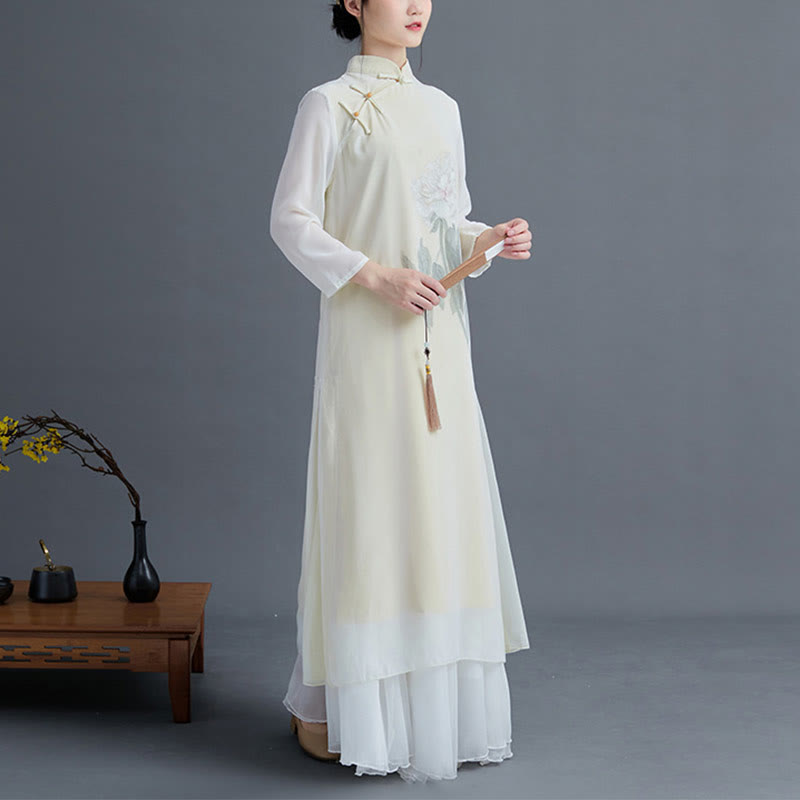 Buddha Stones 2Pcs Peony Flower Cheongsam Midi Dress Skirt Chiffon Zen Clothing Women's Set - image 2