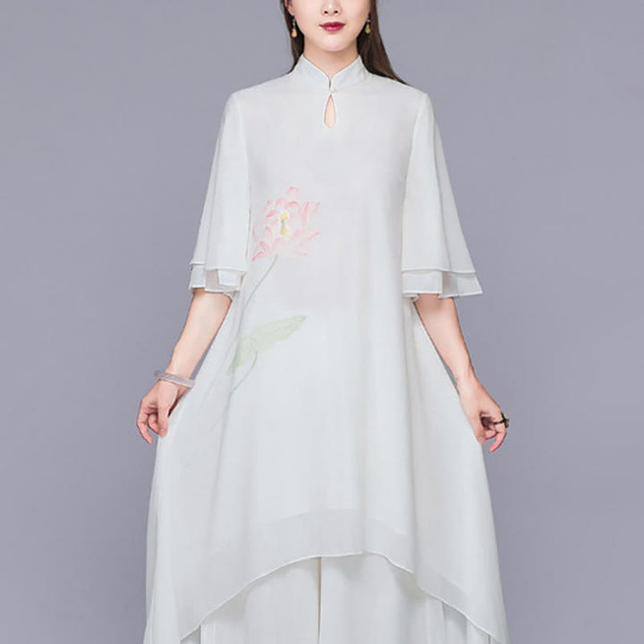 Buddha Stones 2Pcs Lotus Flower Cheongsam Midi Dress Wide Leg Pants Chiffon Zen Women's Set - Dress(Dress Only) - US12，UK/AU16，EU44 (2XL)  - image 5