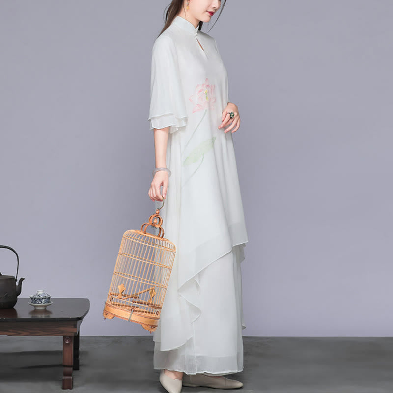 Buddha Stones 2Pcs Lotus Flower Cheongsam Midi Dress Wide Leg Pants Chiffon Zen Women's Set - image 2