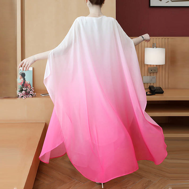 Buddha Stones Gradient Color Half Sleeve Chiffon Midi Dress Meditation Zen Practice