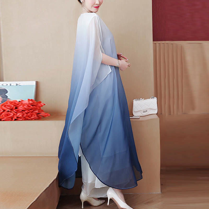 Buddha Stones Gradient Color Half Sleeve Chiffon Midi Dress Meditation Zen Practice