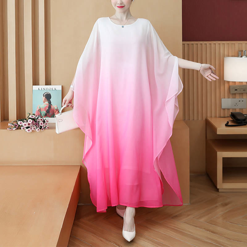 Buddha Stones Gradient Color Half Sleeve Chiffon Midi Dress Meditation Zen Practice