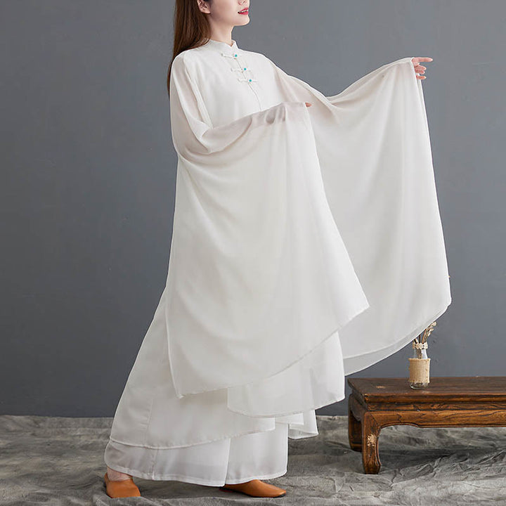 Buddha Stones 2Pcs Frog-Button Long Sleeve Midi Dress Wide Leg Pants Chiffon Zen Women's Set - image 3