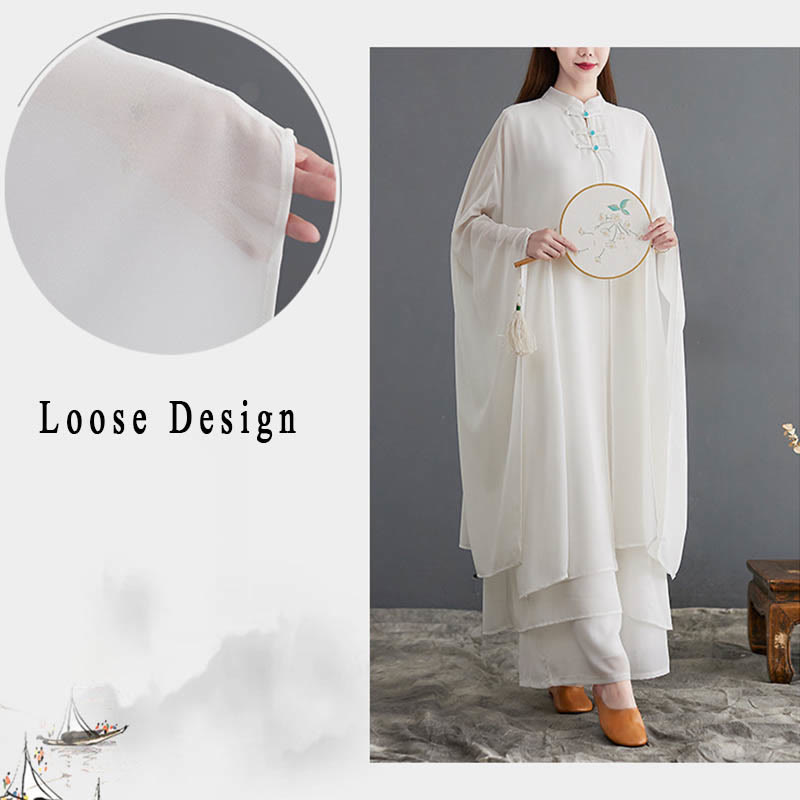 Buddha Stones 2Pcs Frog-Button Long Sleeve Midi Dress Wide Leg Pants Chiffon Zen Women's Set - image 8